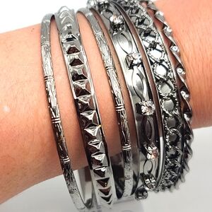 Women's Bangle Bracelets 6 Piece Set, Crystal Rhinestones - Hematite 8in